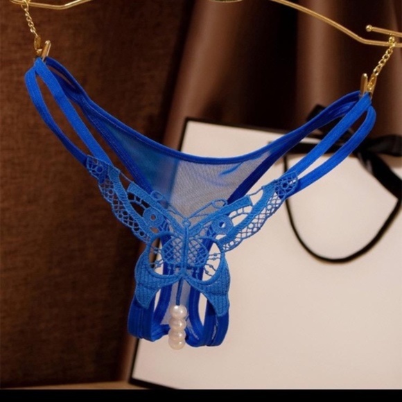 BLUE Butterfly G string/Thong with 4 Pearls. Crotchless Thong - Picture 1 of 6